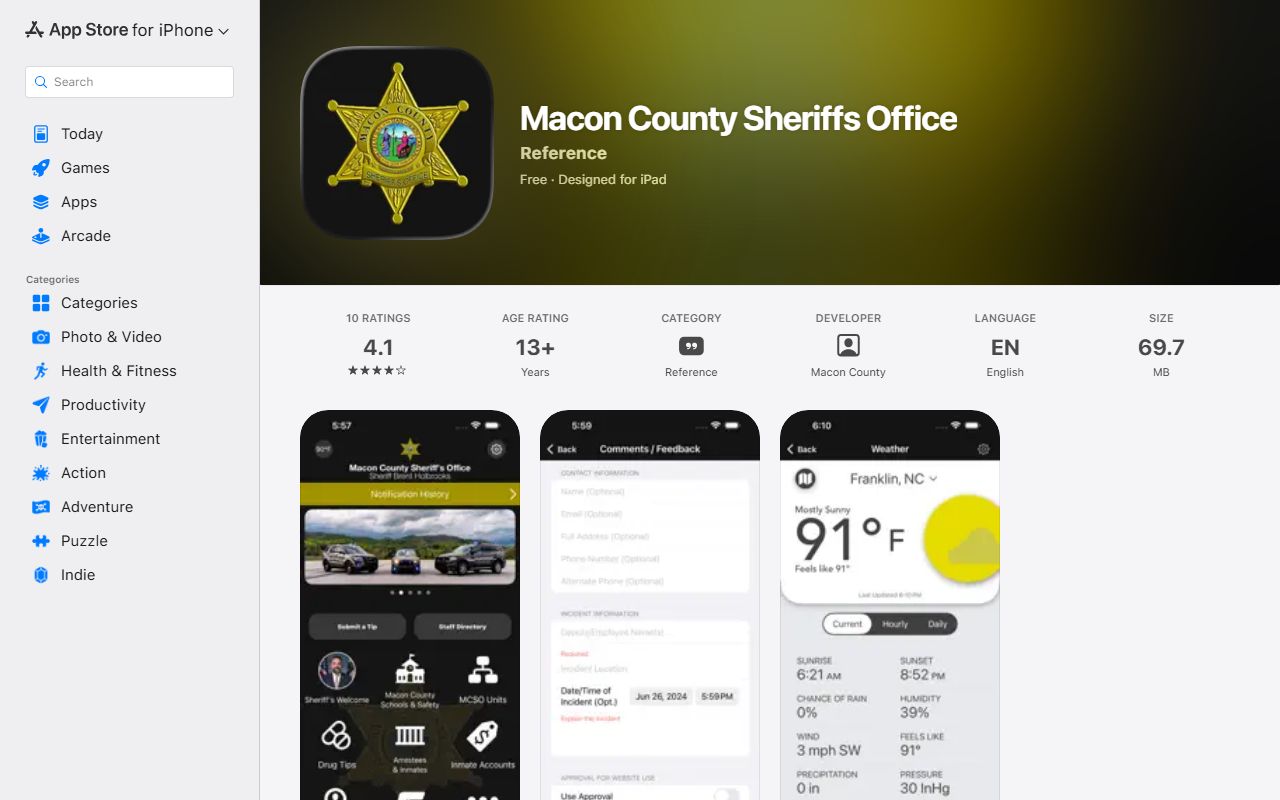 Macon County inmate search Sheriff iOS app listing