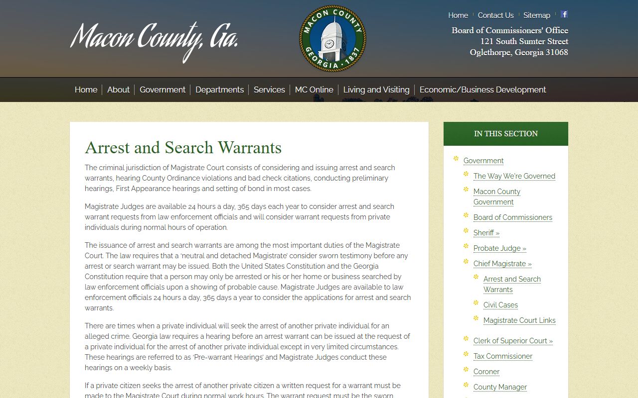 Macon County warrant search Magistrate Court arrest and search warrant page